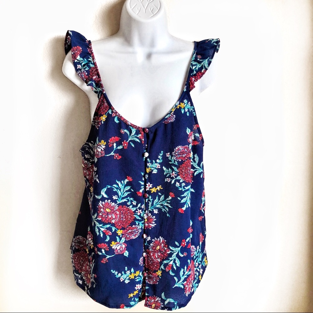 Blue Rain Floral button up sleeveless blouse